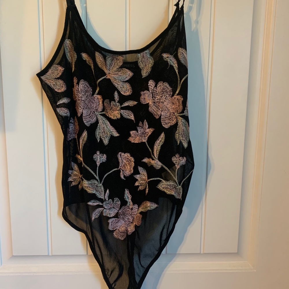 Black, floral embroidered, thong body suit